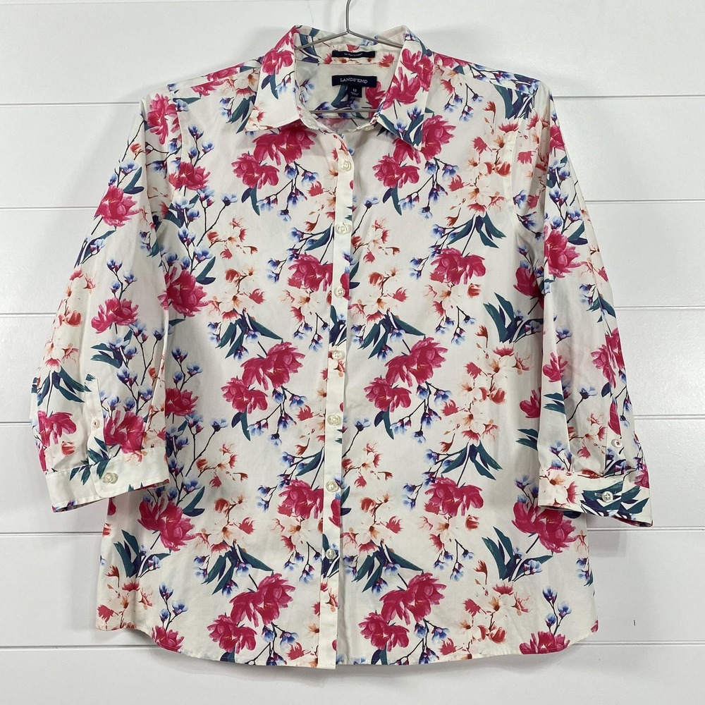 Lands End Shirt Womens 12 White Floral No Iron Supima Cotton Button Front Blouse